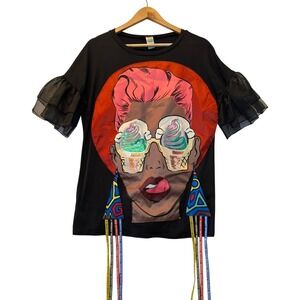 Minette Black Graphic T-Shirt Ice Cream Sequin Portrait Mesh Ruffle Sleeve L